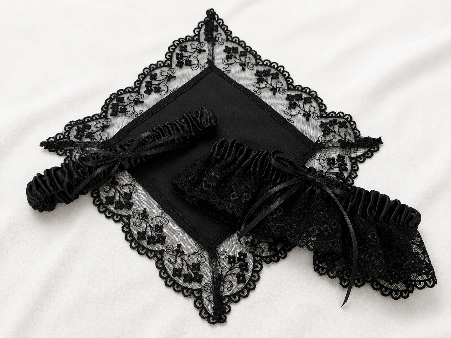 Black Silk and French Lace Garter & Hanky Set